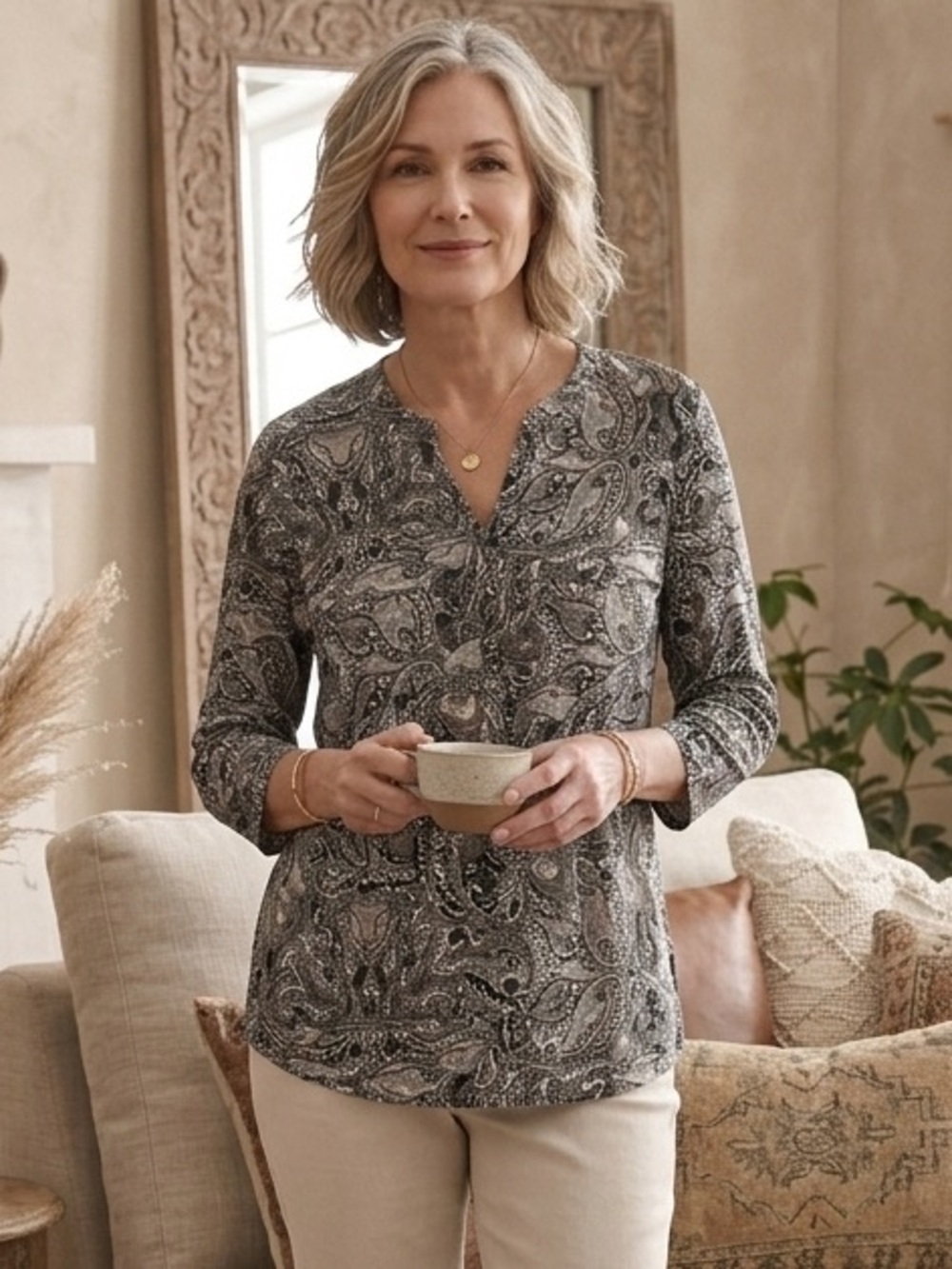 Croft & Barrow Paisley Blouse in Black, Cream & Blush